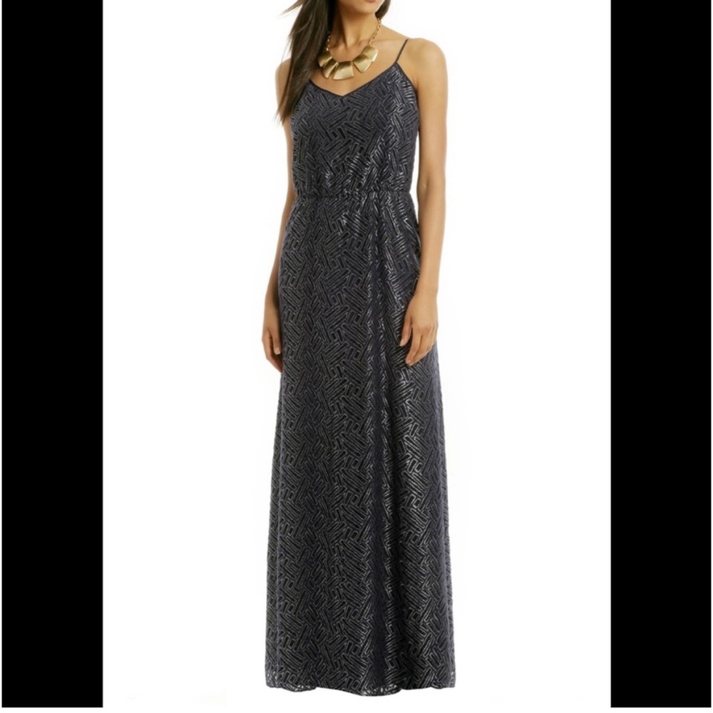 Lilly Pulitzer Womens Navy Blue Silver Metallic Lace‎ Maxi Dress Size M